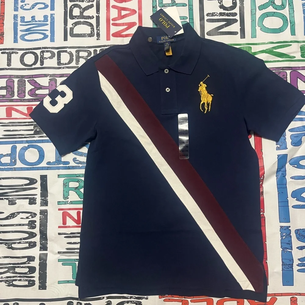 Polo Ralph Lauren Big Pony Banner Striped #3 Mesh Navy Red Size 14 big kids